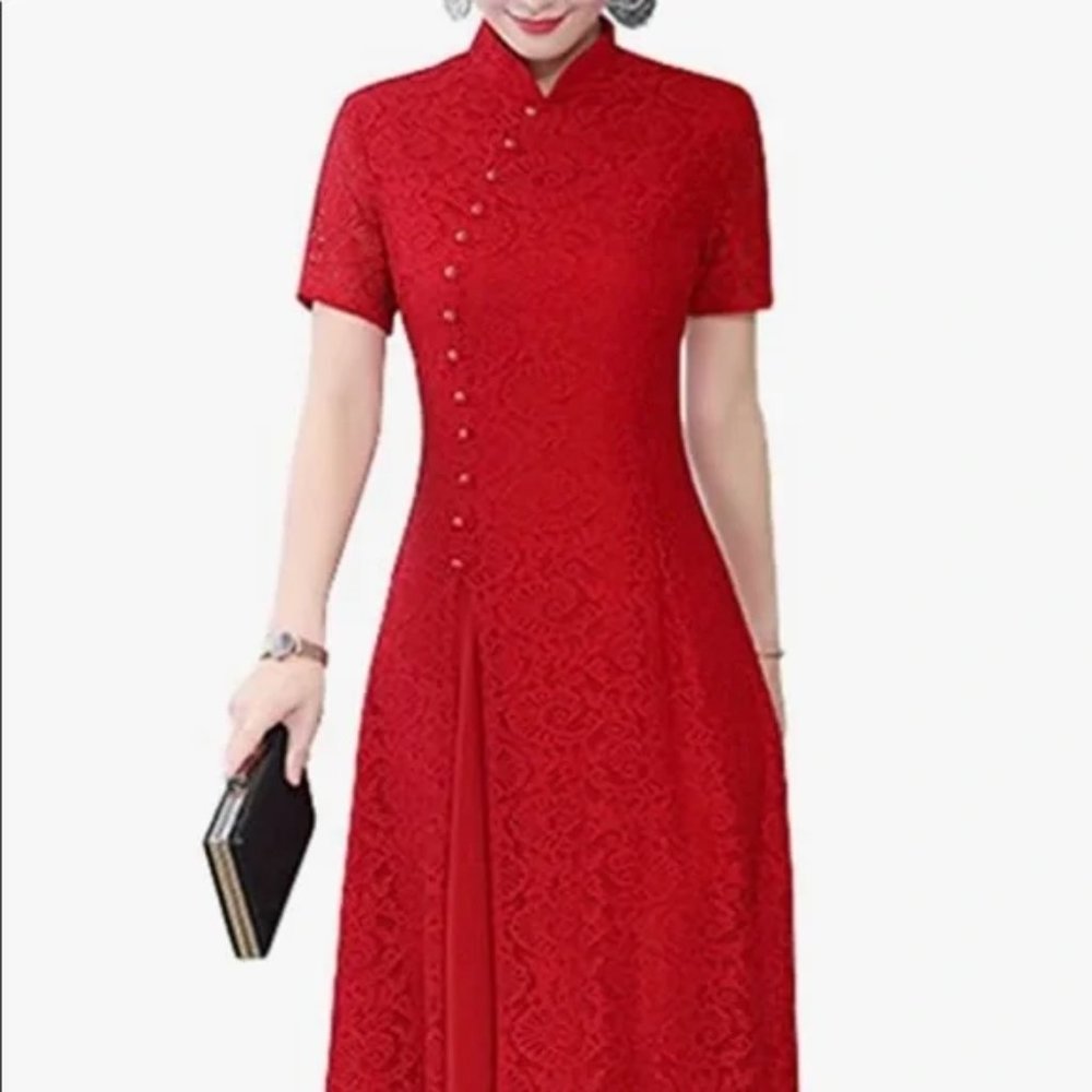 Long Red Cheongam/Qipao Lace Dress
